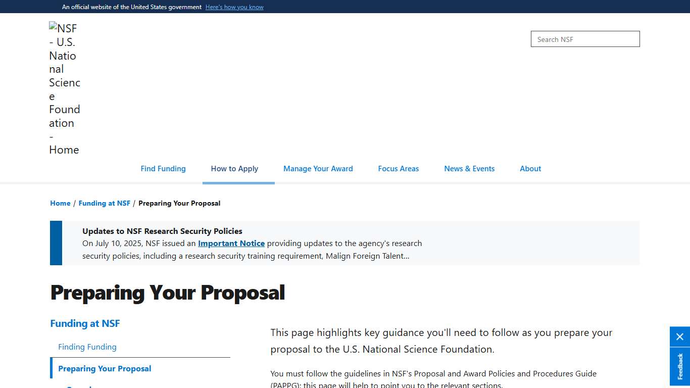 Preparing Your Proposal - Funding at NSF NSF - U.S. National Science Foundation